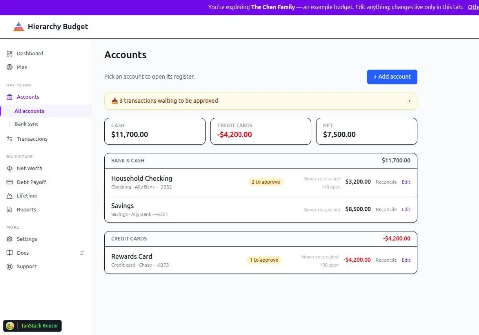 The Accounts page: cash, credit card and net tiles above accounts grouped into Bank & cash and Credit cards, each row showing balance, reconciliation state and a count of transactions to approve