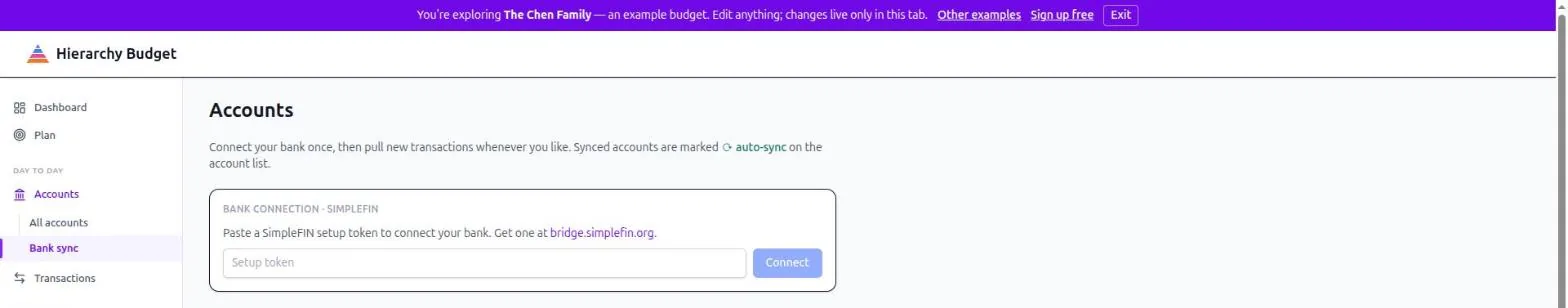 Accounts > Bank sync: a bank connection box asking for a SimpleFIN setup token, with a Connect button
