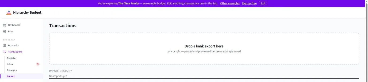 The import page: a dashed drop zone for .ofx and .qfx bank exports, above an import history that reads: no imports yet