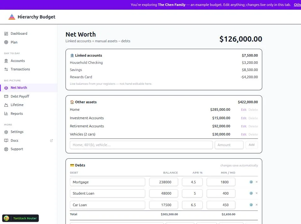 The Net Worth page: linked account balances, a list of manually entered assets, and a debts table with balance, APR and minimum payment columns
