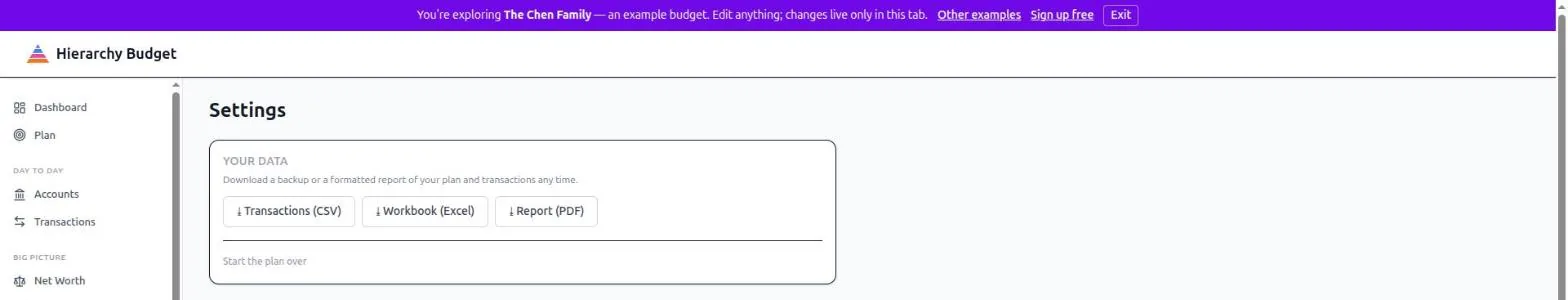 Settings > Data: three download buttons - Transactions (CSV), Workbook (Excel), Report (PDF) - above a Start the plan over link